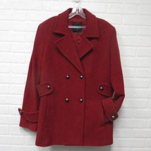 NWOT Talbots Red Double Breasted Wool Burnished Pewter Buttons Pea Coat Size 16